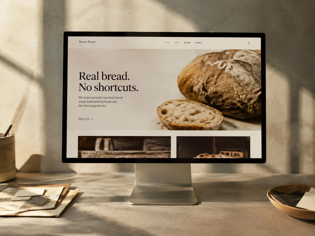 Concept website for an artisan bakery shown on a desktop screen in warm studio light