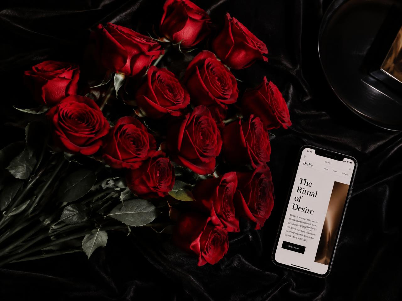 Red roses on black velvet beside a phone displaying an editorial mobile site